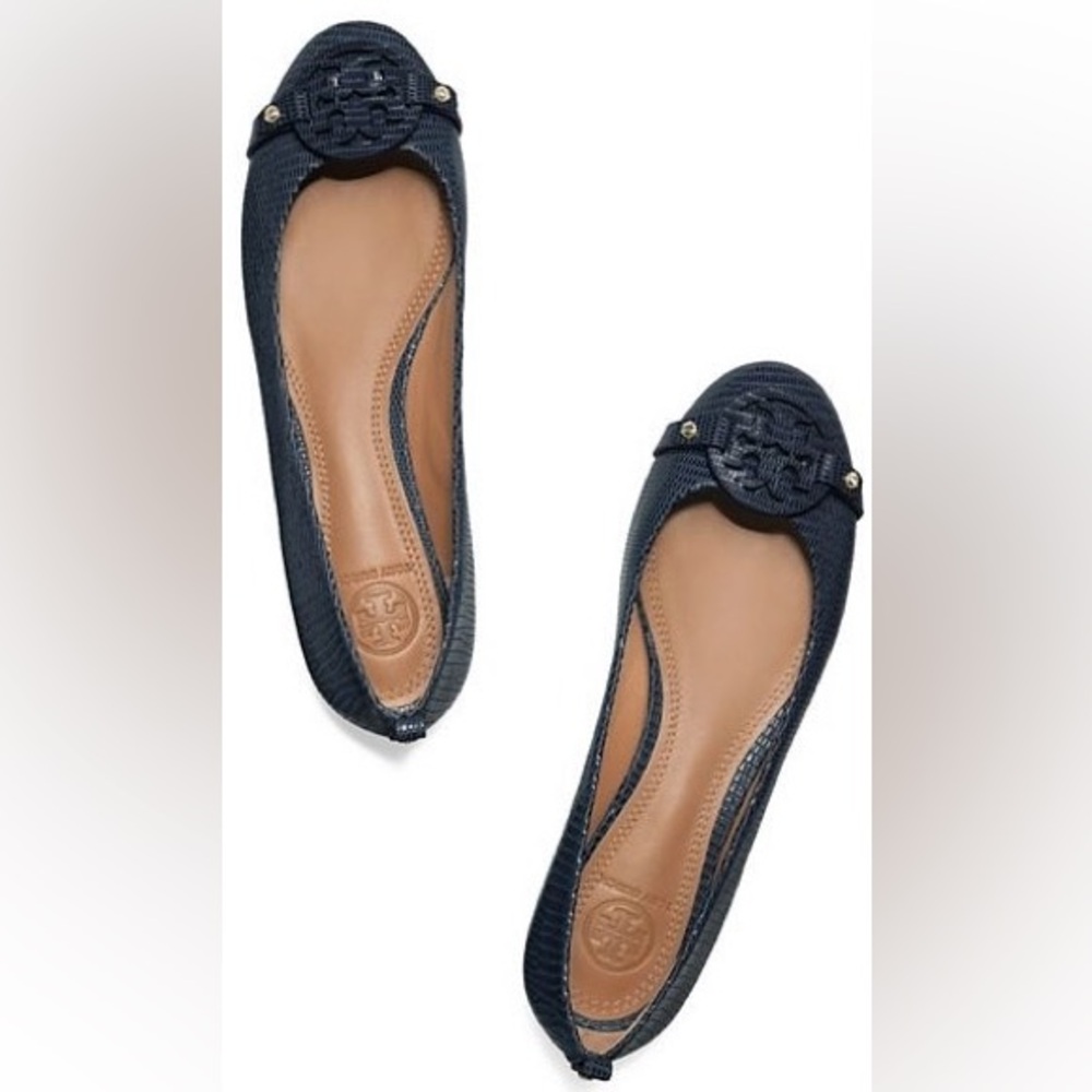 TORY BURCH Navy Mini Miller Lizard Embossed Leather Logo Ballet Flats - Size 6